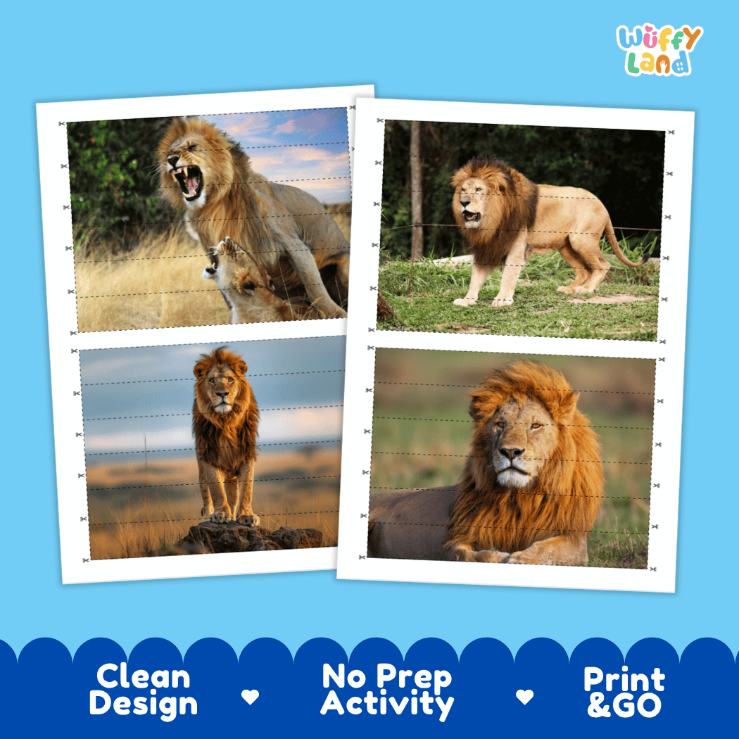 Lion Cut and Match Activity Worksheets | Safari Animal Puzzle Printables