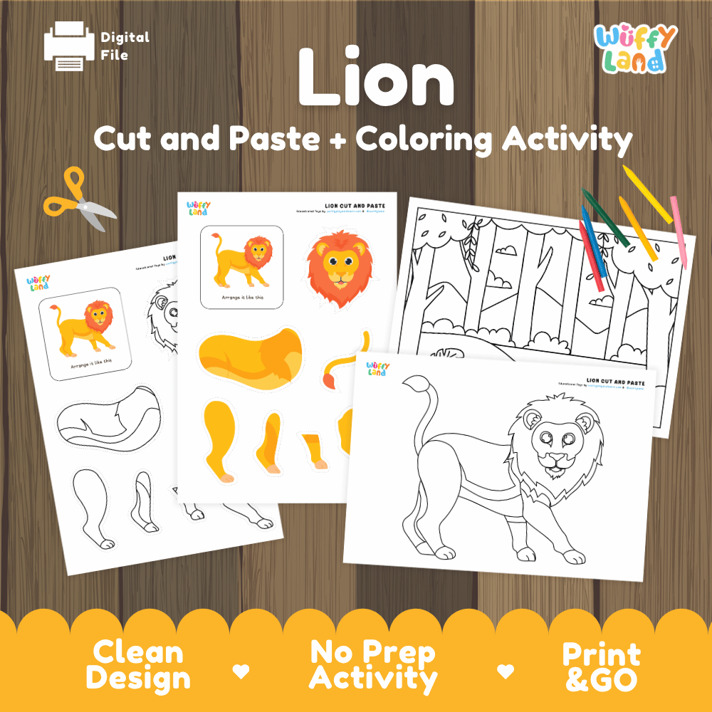 Lion Cut and Paste Craft and Coloring Activity Worksheets