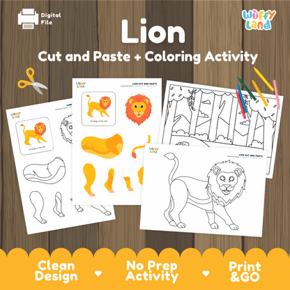 Lion Cut and Paste Craft and Coloring Activity Worksheets