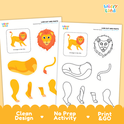 Lion Cut and Paste Craft and Coloring Activity Worksheets