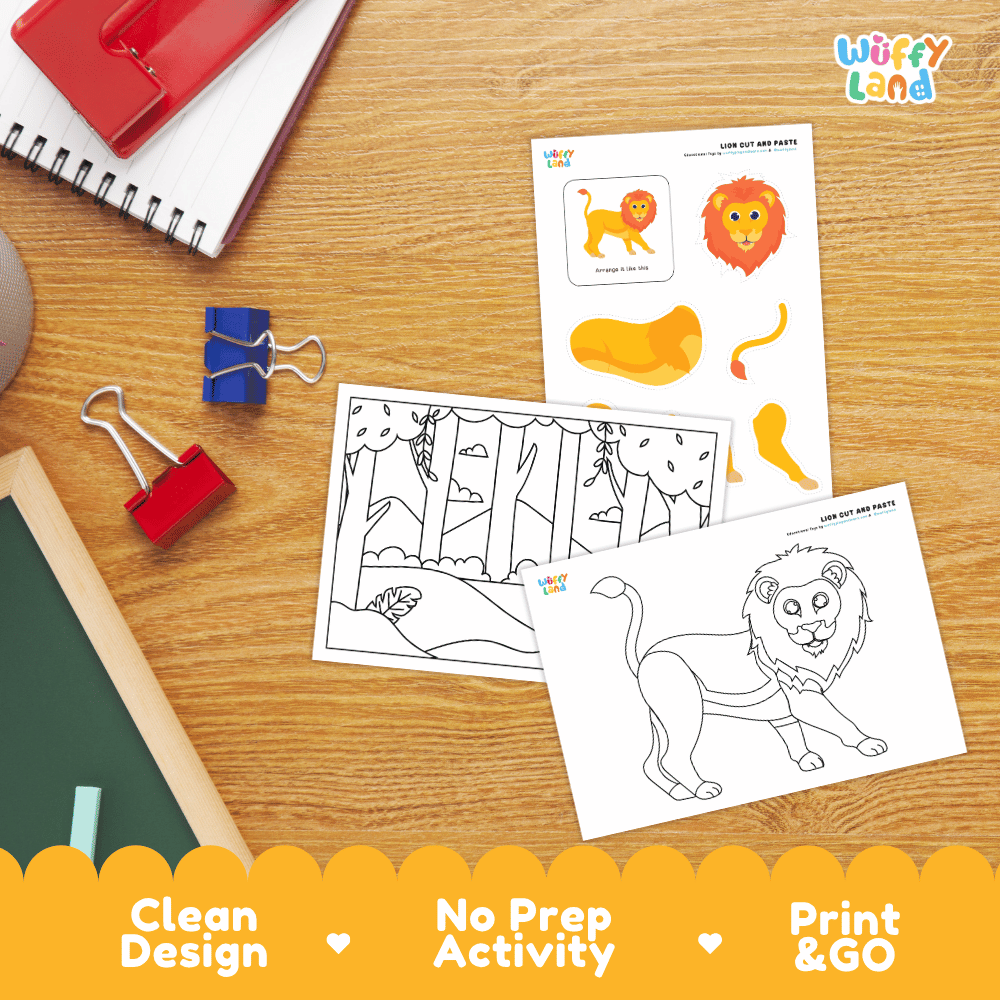 Lion Cut and Paste Craft and Coloring Activity Worksheets