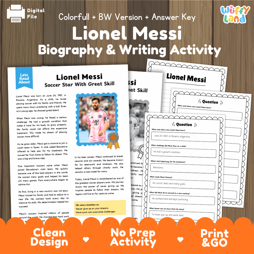 Digital printable activity sheet set for 'Lionel Messi Biography & Writing Activity' shown on a wood background with branding at the top and an orange banner at the bottom. The sheets include a colored text version, black-and-white version, answer key, and writing prompts.