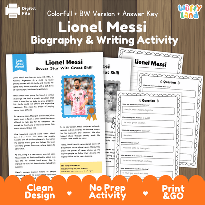 Digital printable activity sheet set for 'Lionel Messi Biography & Writing Activity' shown on a wood background with branding at the top and an orange banner at the bottom. The sheets include a colored text version, black-and-white version, answer key, and writing prompts.