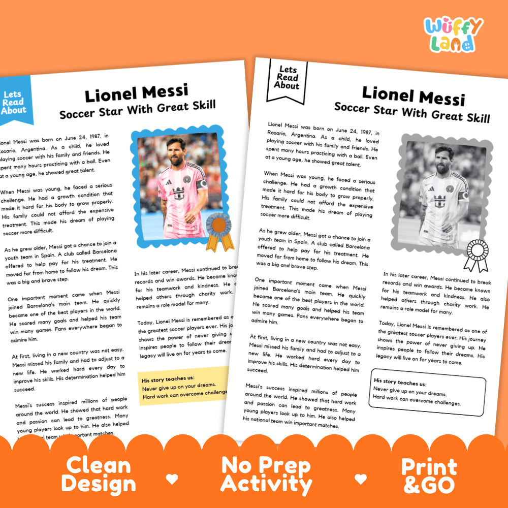 Two printable educational activity sheets about Lionel Messi, shown side by side on an orange background with the text 'Clean Design', 'No Prep Activity', and 'Print & Go'. The sheets contain text, photos, and activity boxes, with a 'Wiffly Land' logo in the top right corner.