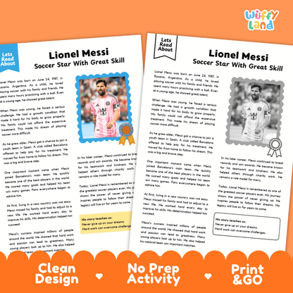Two printable educational activity sheets about Lionel Messi, shown side by side on an orange background with the text 'Clean Design', 'No Prep Activity', and 'Print & Go'. The sheets contain text, photos, and activity boxes, with a 'Wiffly Land' logo in the top right corner.