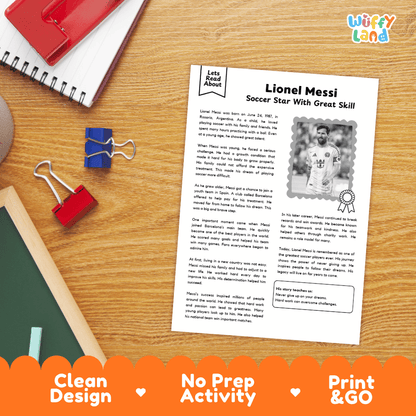 A printed educational worksheet about Lionel Messi laid on a wooden desk, surrounded by school supplies like a spiral notebook, red binder clips, and a pen. The sheet has a headline reading 'Lionel Messi Soccer Star With Great Skill' and body text, with a 'Wiffi Land' logo in the top right corner.
