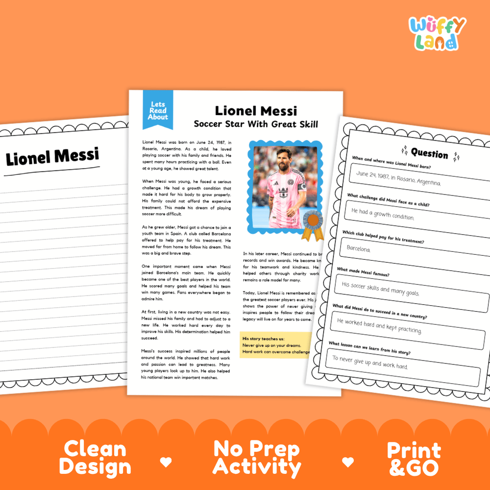 Educational worksheet set about Lionel Messi, featuring a main text page with a photo and an accompanying question sheet, presented on an orange background with the brand name Wiffi Land.
