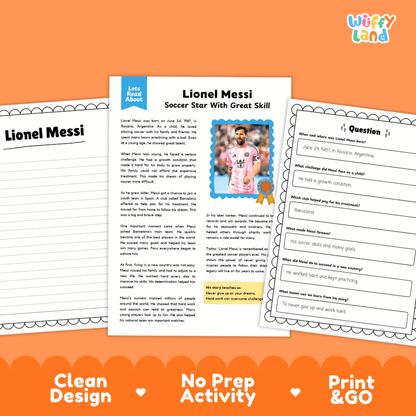 Educational worksheet set about Lionel Messi, featuring a main text page with a photo and an accompanying question sheet, presented on an orange background with the brand name Wiffi Land.