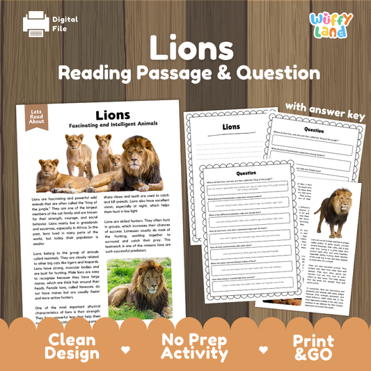 Lions Reading Passage and Comprehension Questions Worksheets