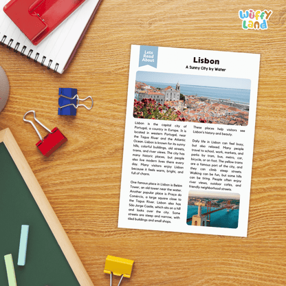 Lined reading comprehension question worksheet covering main ideas vocabulary terms and landmark facts about Lisbon Portugal