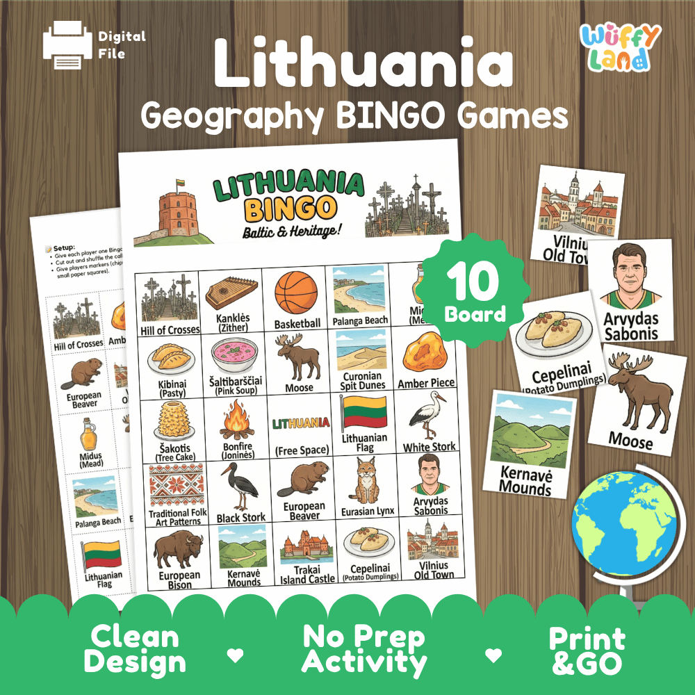 Classroom educational Bingo game cards featuring Vilnius Old Town, Cepelinai potato dumplings, Arvydas Sabonis, and Moose 🎲🥔