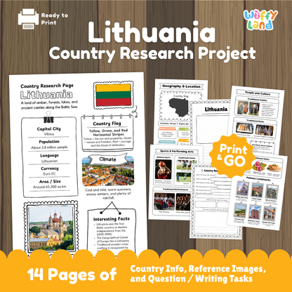 Student country research worksheet on Lithuania featuring yellow green and red flag, Vilnius capital facts, climate, and geography map