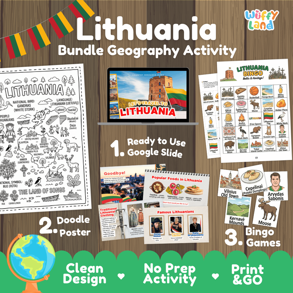Complete Lithuania geography activity bundle featuring Google Slides, doodle coloring poster, and classroom bingo games 🇱🇹🎒