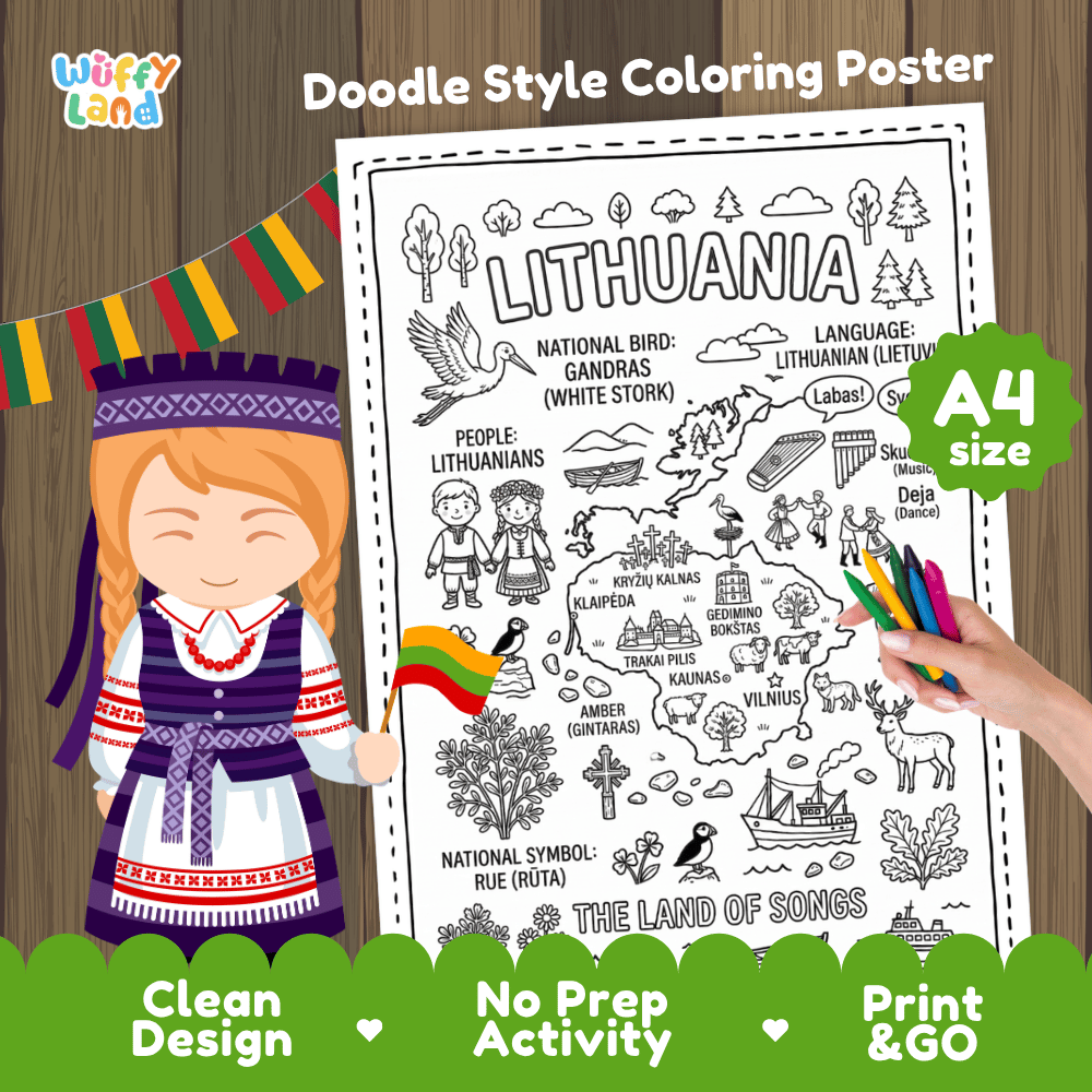Lithuania country study doodle style coloring poster printable page featuring map, landmarks, and cultural symbols