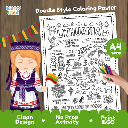 Lithuania country study doodle style coloring poster printable page featuring map, landmarks, and cultural symbols