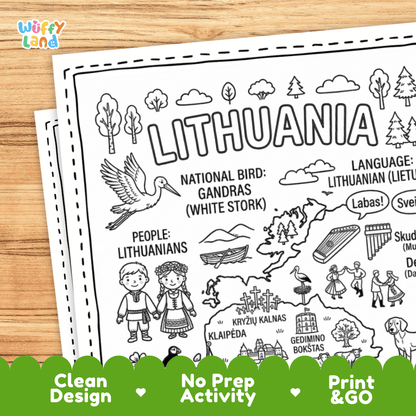 Cultural coloring page featuring traditional Lithuanian folk costume, folk dance, kankles music, and Lithuanian greeting speech bubbles