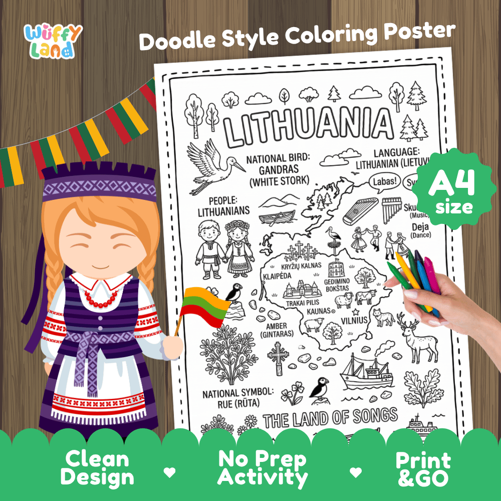Printable A4 doodle coloring poster highlighting Lithuania map, White Stork, Gediminas Tower, and Rue plant 🎨🦤