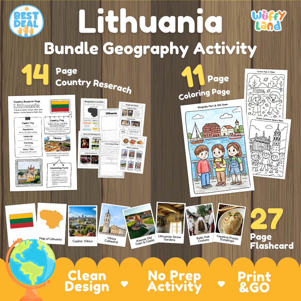 Lithuania geography activity bundle cover showing 14 country research pages, 11 coloring pages, and 27 photo flashcards