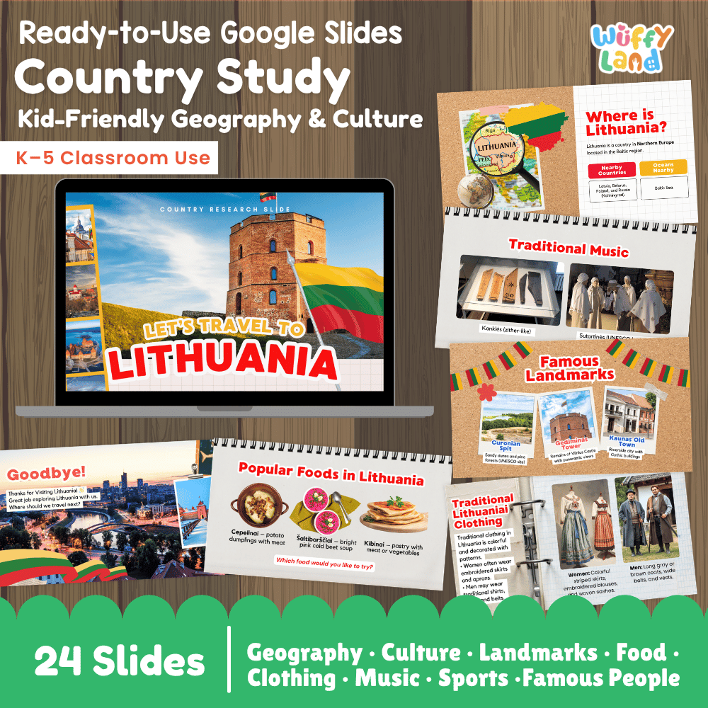 Interactive Google Slides deck displaying famous Lithuanian landmarks like Gediminas Tower, traditional food Cepelinai, and clothing 💻🏰