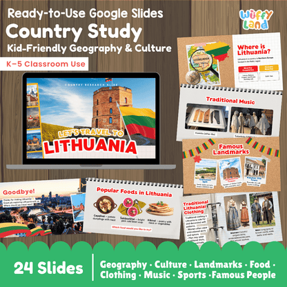 Interactive Google Slides deck displaying famous Lithuanian landmarks like Gediminas Tower, traditional food Cepelinai, and clothing 💻🏰