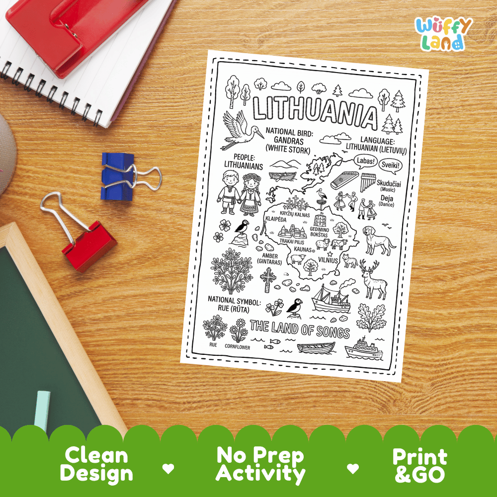 Doodle map coloring sheet showing Lithuania's capital Vilnius, Gediminas Tower, Trakai Castle, and Hill of Crosses