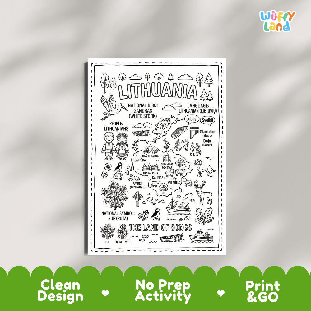 Educational activity coloring page highlighting Lithuania's national bird the White Stork, national flower Rue, and Baltic amber