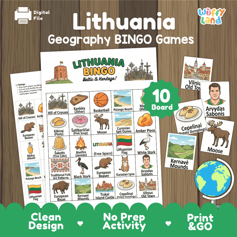 Lithuania Geography BINGO Games Printable Activity Boards