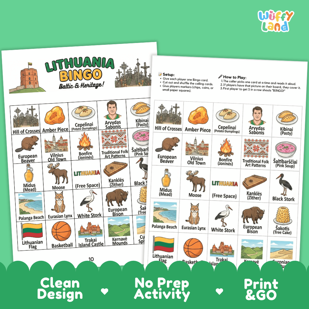 Lithuania Geography BINGO Games Printable Activity Boards
