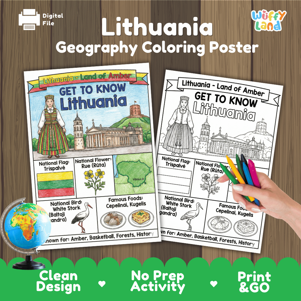 Lithuania Geography Coloring Poster | Country Study Research Worksheet Activity