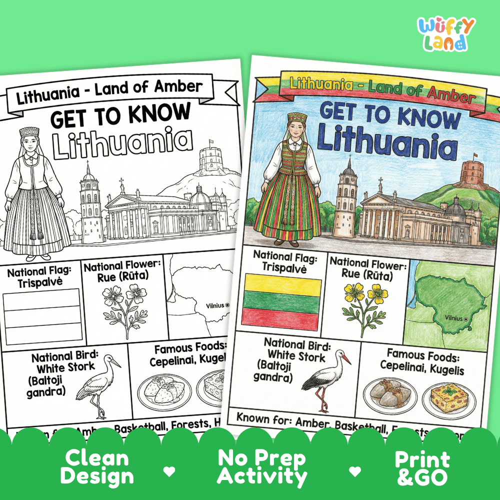 Lithuania Geography Coloring Poster | Country Study Research Worksheet Activity