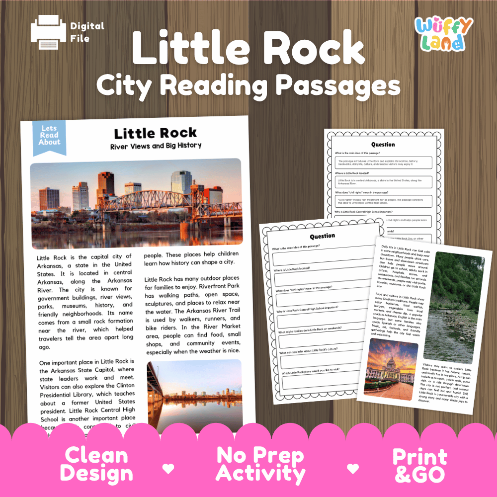 Little Rock city reading passages and comprehension worksheet educational unit featuring nonfiction text and authentic Little Rock Arkansas river bridge photography