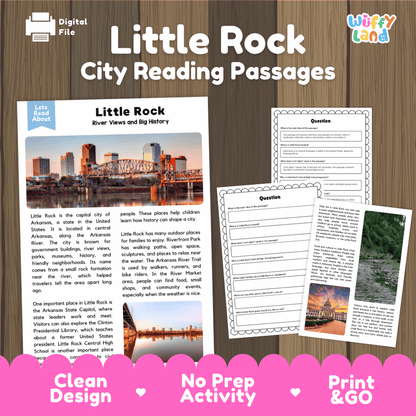 Little Rock city reading passages and comprehension worksheet educational unit featuring nonfiction text and authentic Little Rock Arkansas river bridge photography