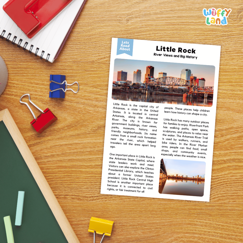 Lined reading comprehension question worksheet covering main ideas vocabulary terms and landmark facts about Little Rock Arkansas