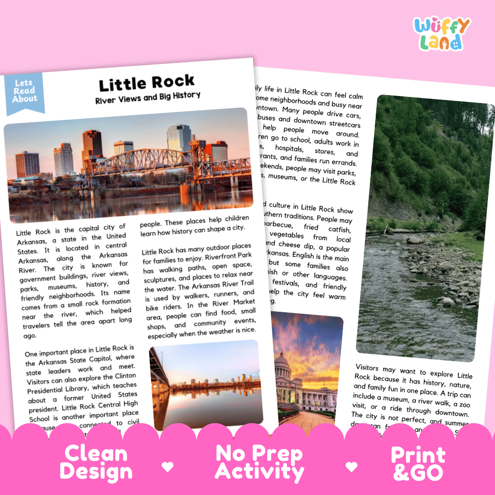 Reference sheet and answer key for Little Rock landmark reading passage displaying completed comprehension answers and United States geography facts
