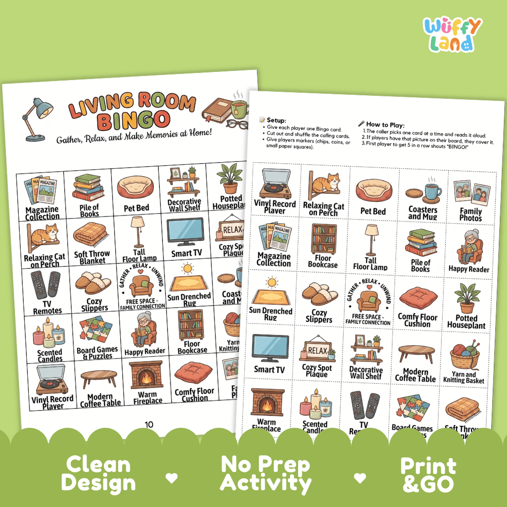 Living Room BINGO Games Printable Household Objects Activity Cards