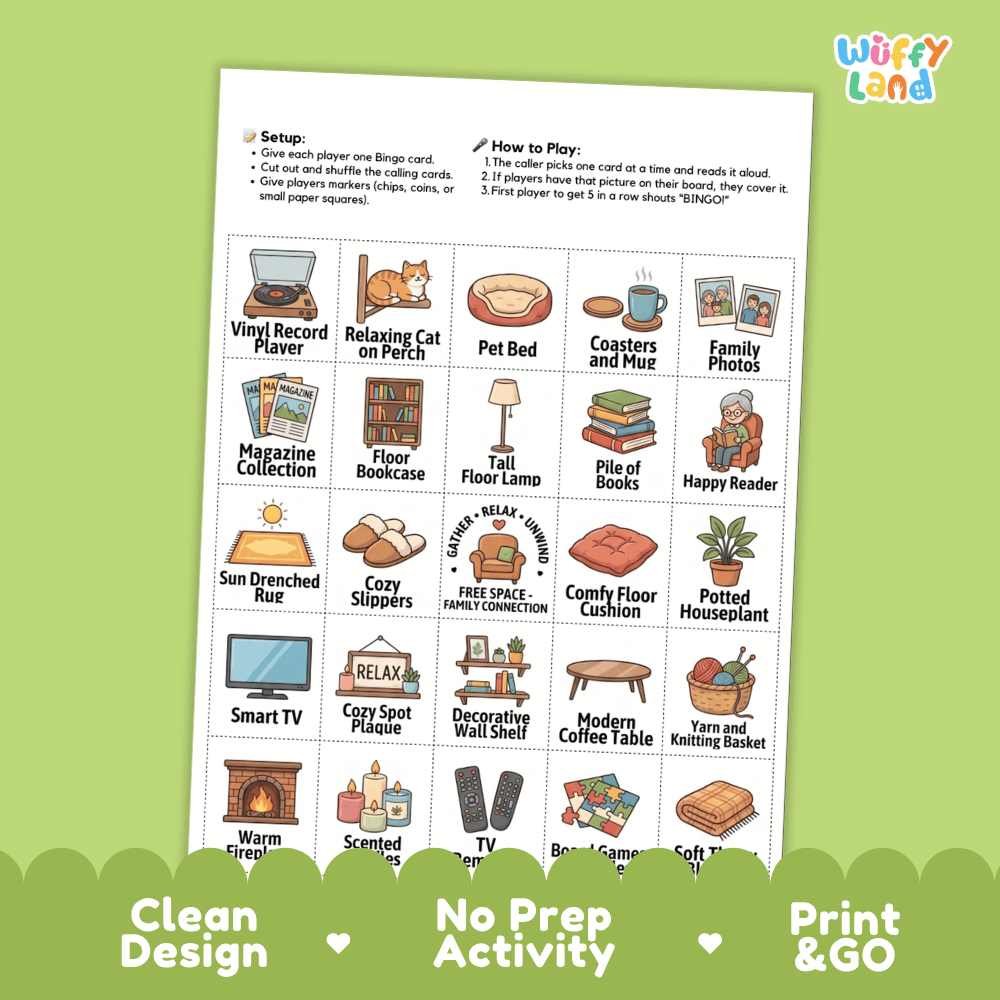 Living Room BINGO Games Printable Household Objects Activity Cards