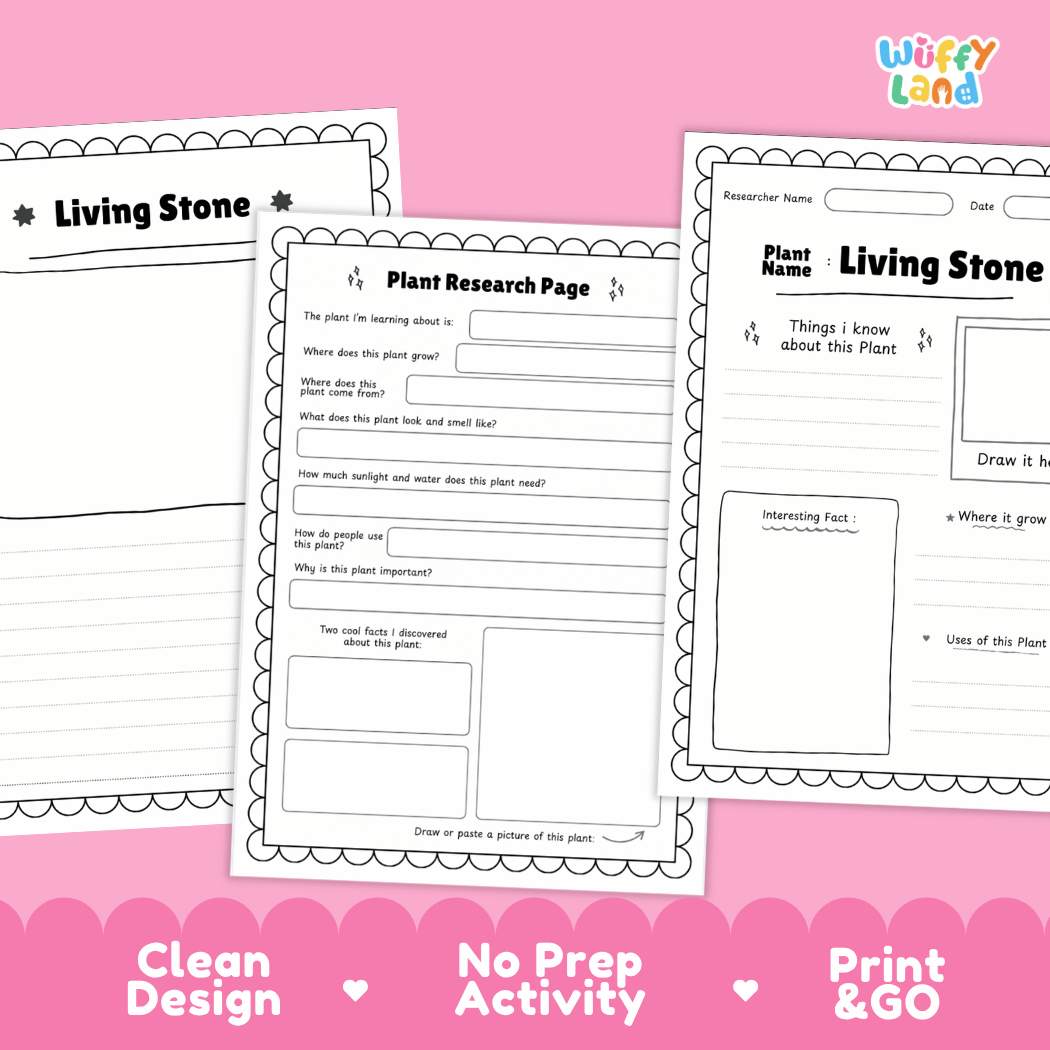 Three printable worksheet pages for plant research are shown on a pink background with decorative text reading 'Clean Design', 'No Prep Activity', and 'Print & GO'. The pages include headings like 'Living Stone' and 'Plant Research Page' with blank lines and boxes for writing and drawing.