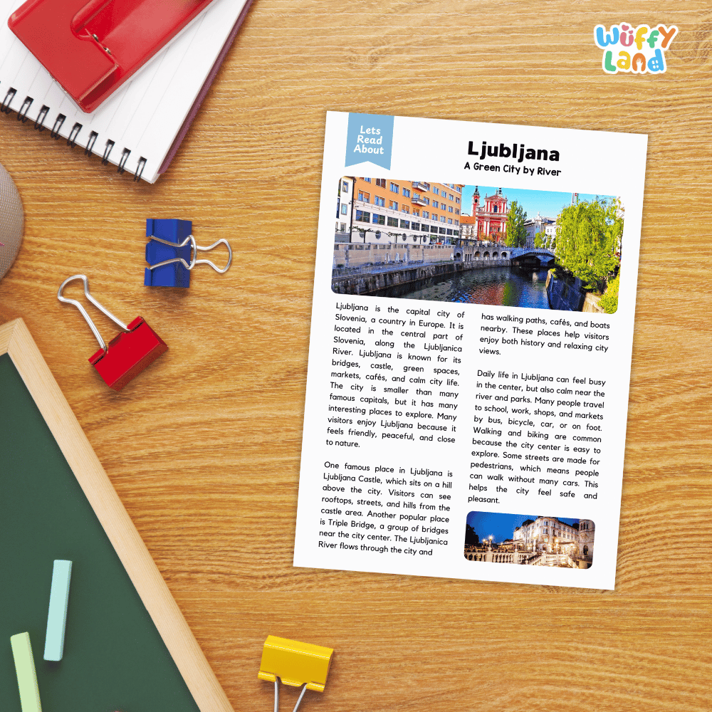 Lined reading comprehension question worksheet covering main ideas vocabulary terms and landmark facts about Ljubljana Slovenia