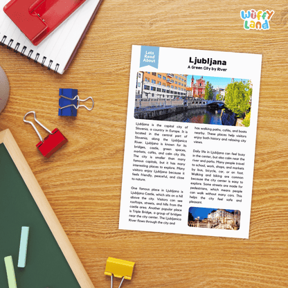 Lined reading comprehension question worksheet covering main ideas vocabulary terms and landmark facts about Ljubljana Slovenia