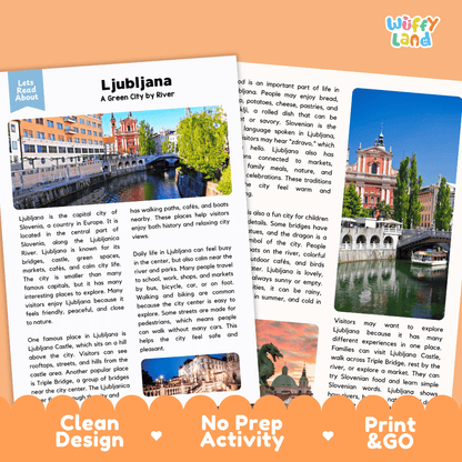 Reference sheet and answer key for Ljubljana landmark reading passage displaying completed comprehension answers and Central European geography facts