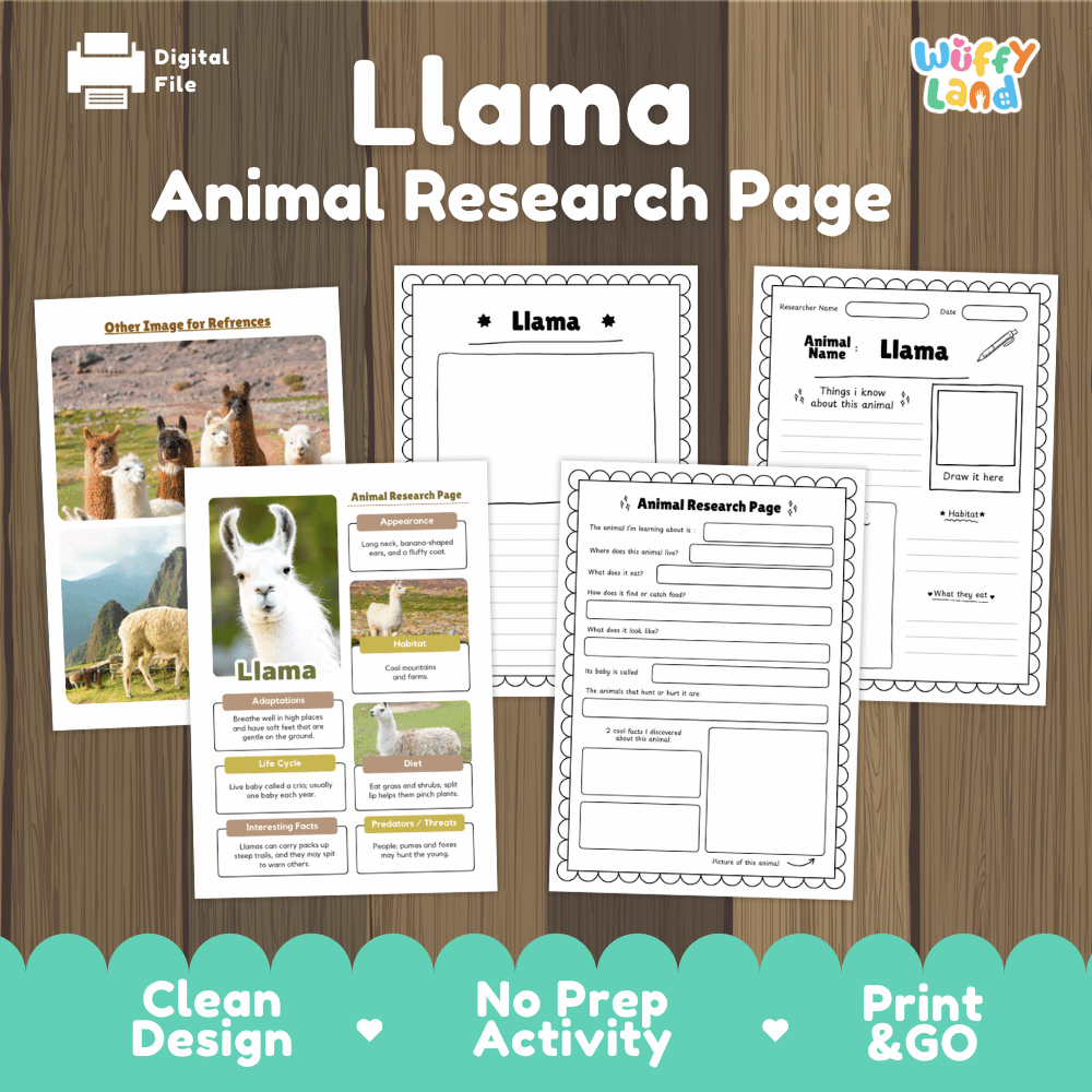 A digital printable activity sheet set titled 'Llama Animal Research Page' by Wiffy Land, displayed on a wood background with a green banner at the bottom. The set includes a reference poster, a blank animal research page, and two worksheet pages.
