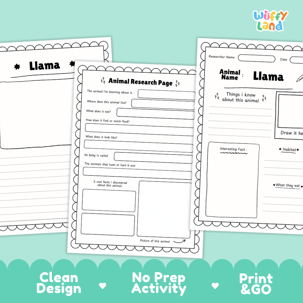 Three printable worksheet pages for llama animal research and writing are displayed on a light aqua background with a green footer banner. The pages include a blank llama portrait page, an animal research page with text fields, and an animal name journal page with writing sections.