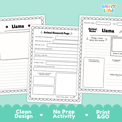 Three printable worksheet pages for llama animal research and writing are displayed on a light aqua background with a green footer banner. The pages include a blank llama portrait page, an animal research page with text fields, and an animal name journal page with writing sections.