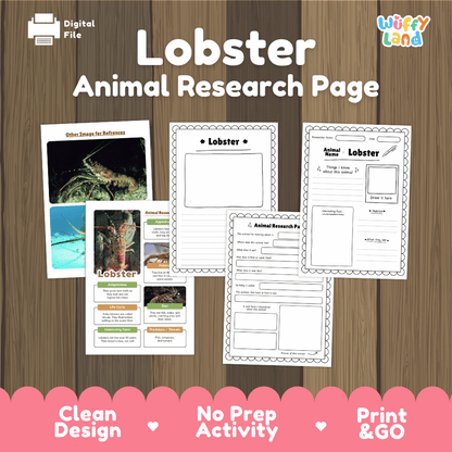 Lobster Animal Research Page printable activity sheet set by Wiffy Land, displayed on a wood background with a pink banner at the bottom highlighting key features.