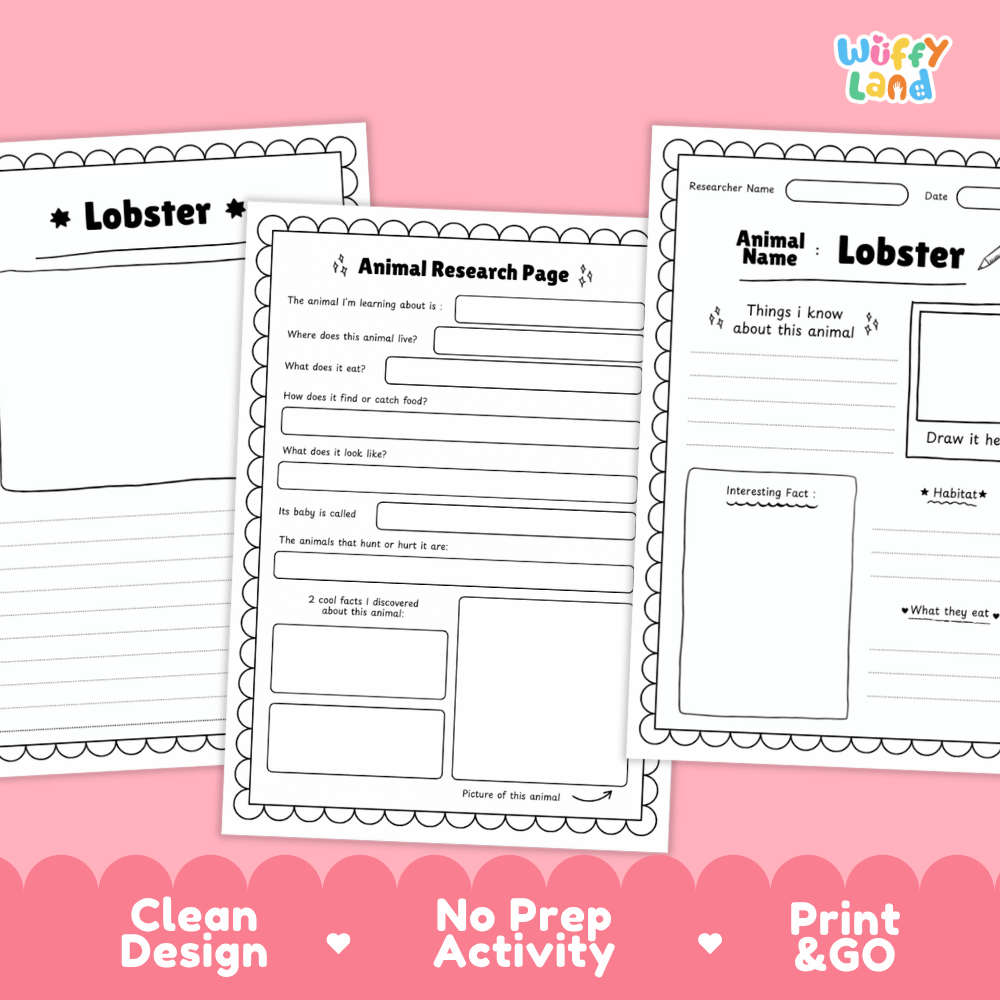 Three printable lobster-themed worksheet pages shown on a pink background with decorative text reading 'Clean Design', 'No Prep Activity', and 'Print & GO'. The pages contain black printed text and boxes for writing, drawing, and animal research questions.