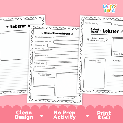 Three printable lobster-themed worksheet pages shown on a pink background with decorative text reading 'Clean Design', 'No Prep Activity', and 'Print & GO'. The pages contain black printed text and boxes for writing, drawing, and animal research questions.