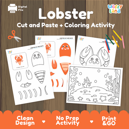 Lobster Cut and Paste Craft and Coloring Activity Worksheets