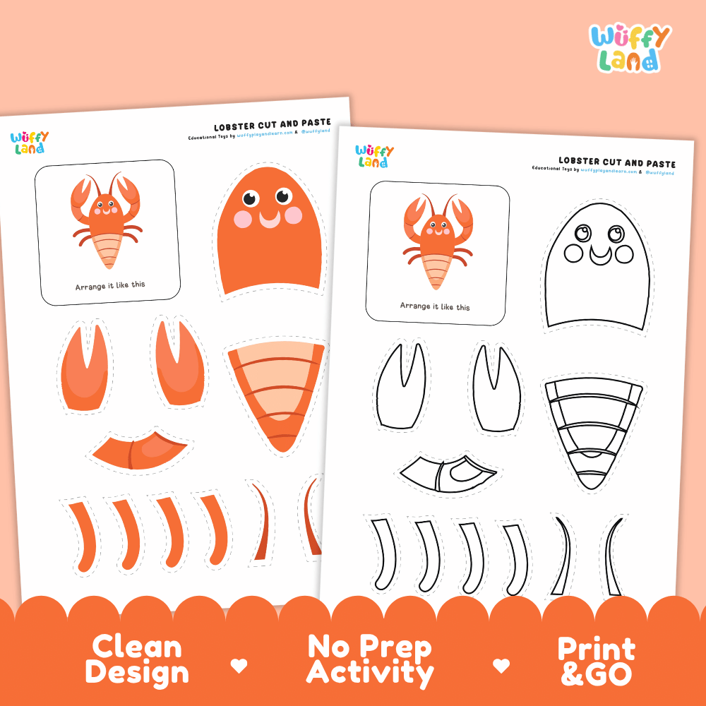 Lobster Cut and Paste Craft and Coloring Activity Worksheets