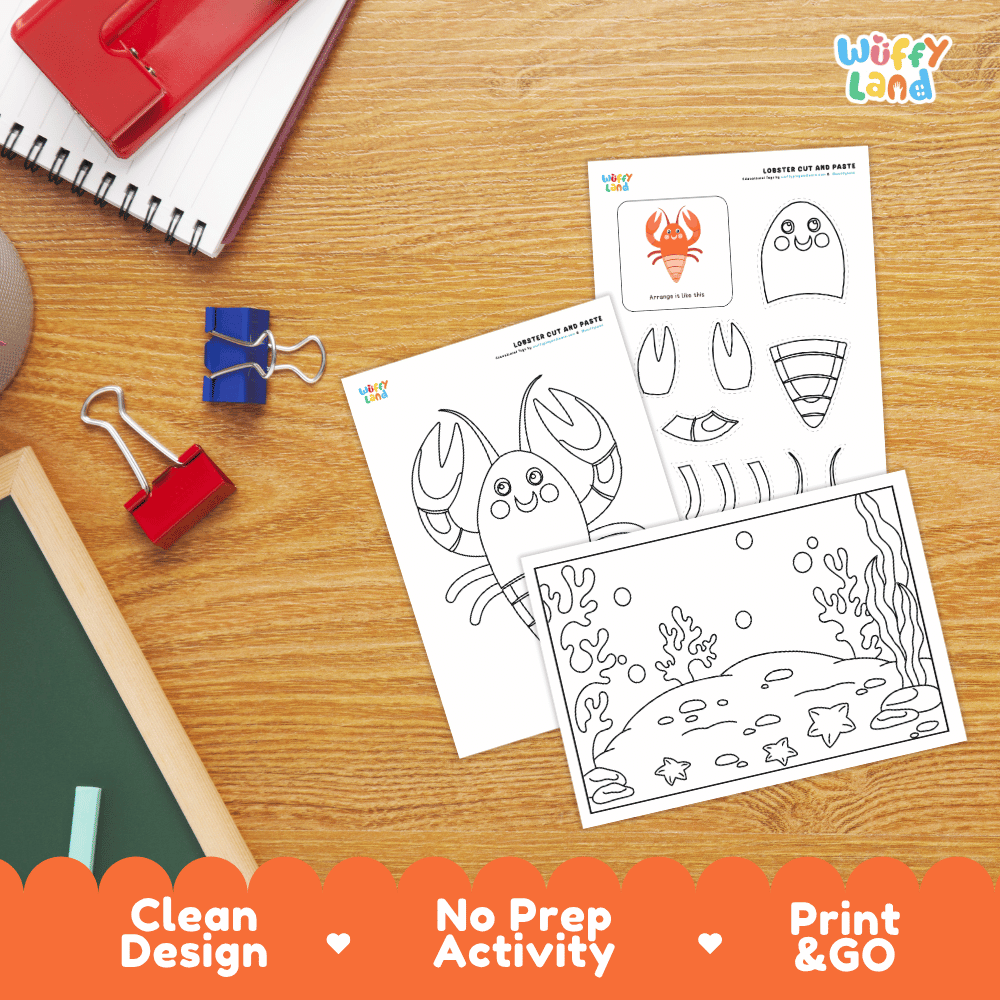 Lobster Cut and Paste Craft and Coloring Activity Worksheets