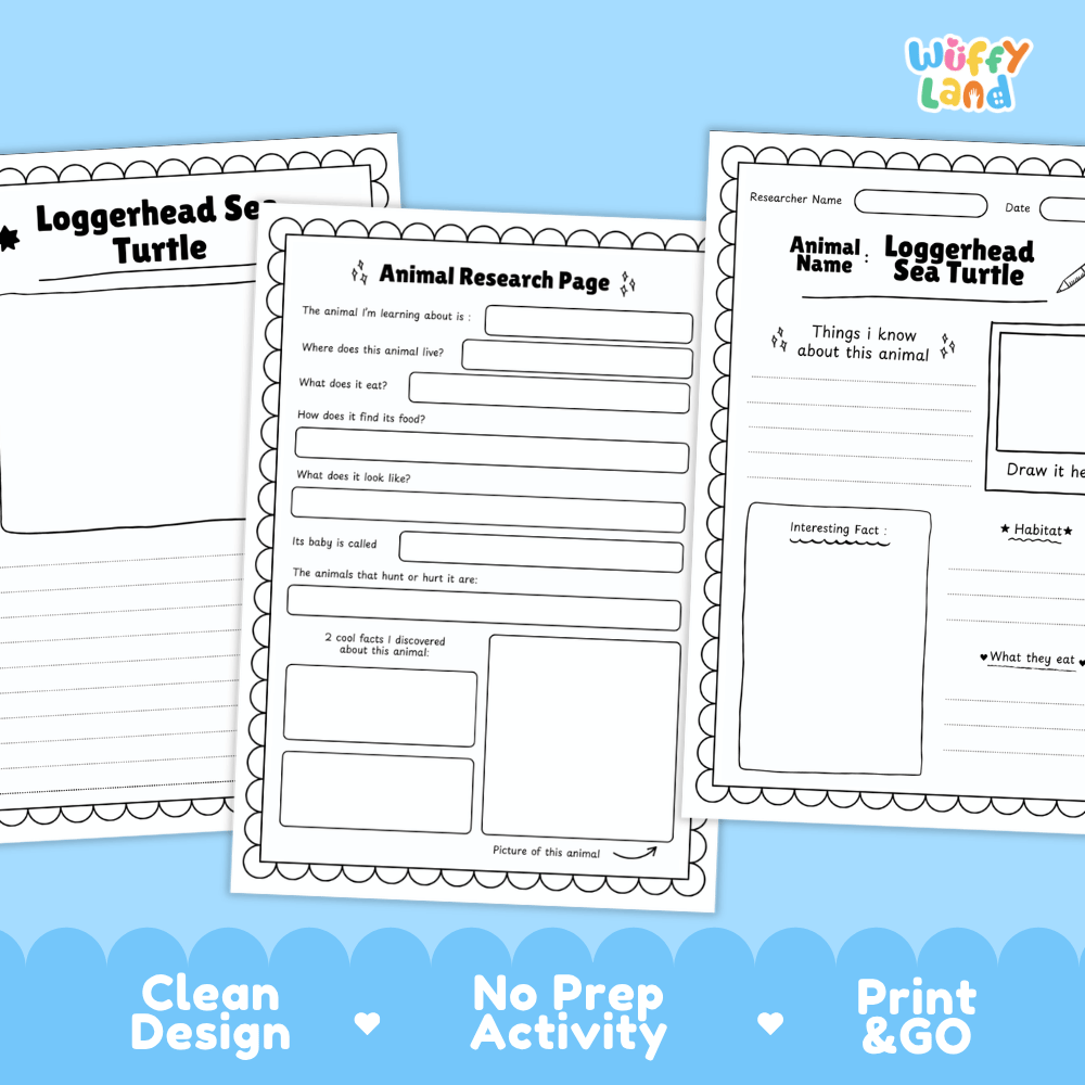 Loggerhead Sea Turtle Animal Research Pages and Worksheets
